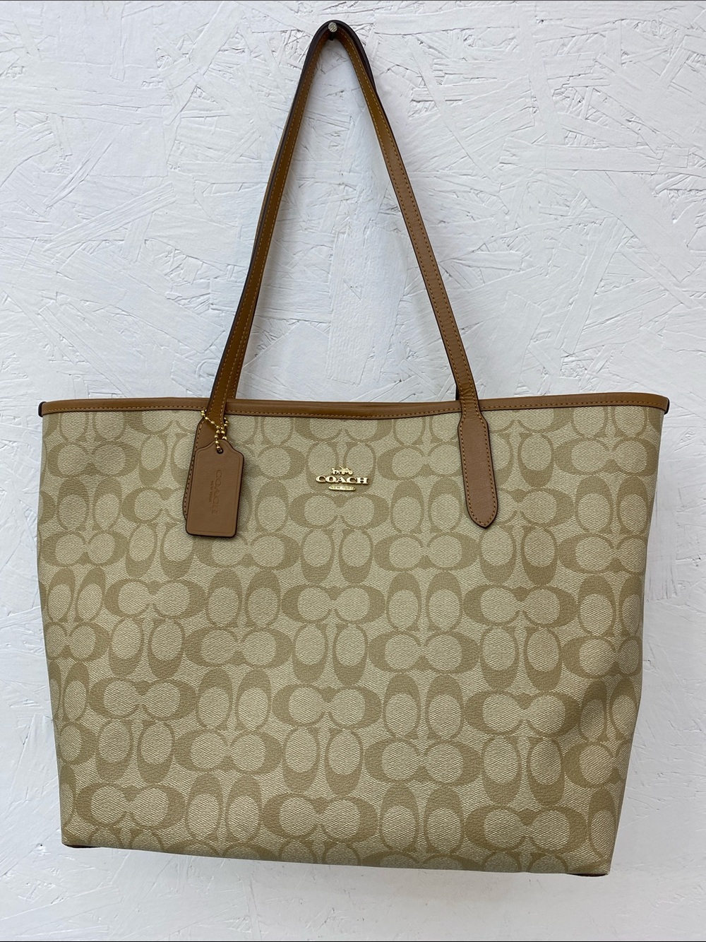 Coach Beige Signature Canvas Tote with Tan Leather Trim and Gold Logo